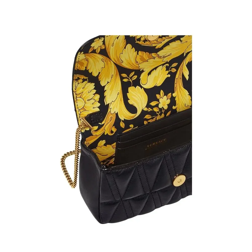 Versace Black Quilted Shoulder Bag with Gold Chain V